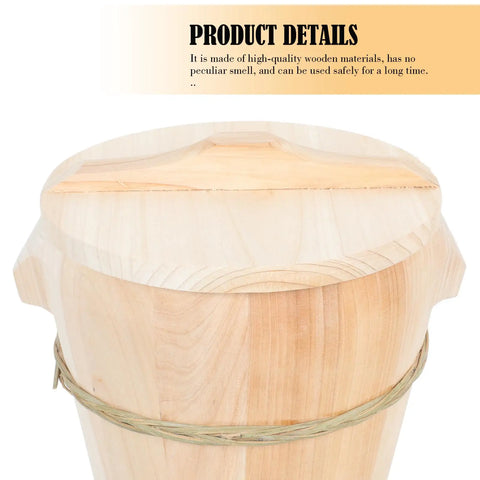 Close-up view of handmade wooden rice steamer bucket with tight fitting lid and natural wood finish for Kickin Flavor Infusion Starts With This Handmade Wooden Rice Steamer Bucket And Tight Fitting Lid Built On A Heavy Duty Stable Base Along With Heat Safe Handles For Daily Meal Prep.
