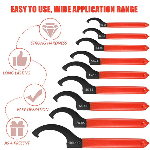 Display of six size options in the Nine Piece Adjustable Coilover Wrench Set For Suspension And Shock Adjustments With Easy Grip Rubber Handles.