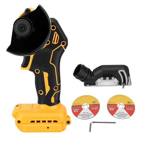 Brushless Cordless Angle Grinder And Mini Circular Saw With 12000 Rpm Battery Power for tight cuts in metal or wood, featuring two cutting discs.