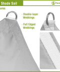 16 By 16 Foot Rectangular Waterproof Sun Shade Sail For Outdoor Patio And Backyard UV Blocking Canopy In Light Grey High Density Polyester With PU Coating 97 Percent UV Block Durable Shade For Lawn And Garden detail showing double-layer webbing and full-edged webbings.
