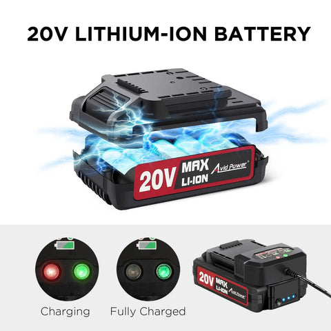 20V Lithium Ion battery with charging indicators for Heavy Duty 20 Volt Max Lithium Ion Cordless Drill Kit Featuring Ergonomic Grip.