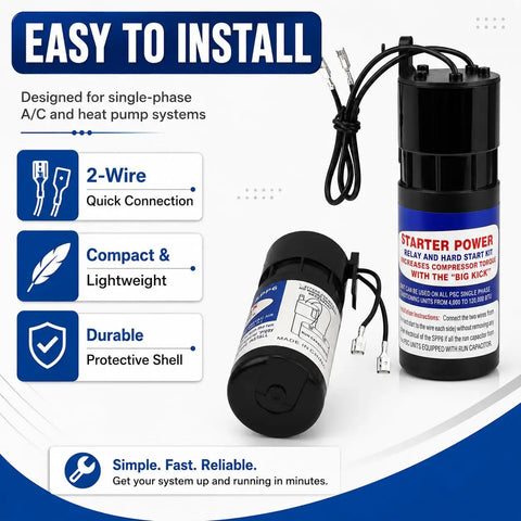 Heavy Duty Hard Start Capacitor Kit 2 Pack For Air Compressors 115V To 288V Universal Hvac Turbo Kickstart Voltage Surge Protector image showing lightweight, durable capacitors with 2-wire connections.