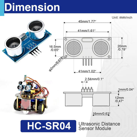 Quad Pack Ultrasonic Distance Sensor Modules With Mounting Brackets For Arduino R3 Mega 2560 Nano Duemilanove Ideal For Robotics Obstacle Avoidance Parking Assist Includes Mounting Hardware And Storage Case diagram showing dimensions and usage.