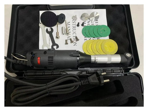 Premium Badass Heavy Duty 350W Micro Electric Angle Grinder And Jewelry Polisher With 15000 Rpm showing tools and accessories in a compact case.