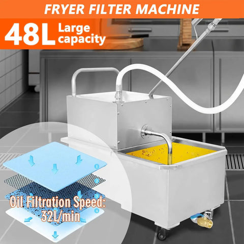 Heavy Duty 55 Gallon Fryer Filter Machine 550W Stainless Steel Commercial Oil Purifier Cart 32L Min Flow with 48L capacity.