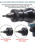 Cordless Brushless Rivet Gun With Dual Rechargeable Batteries for M3-M12 nut automatic riveting and nail removal on steel surfaces.