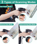 Person using Speedy 1D USB Barcode Scanner With Stand for scanning a book cover in three different modes.
