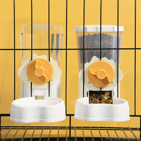 Automatic Pet Water Dispenser With Leakproof Cage Mount Keeps Your Pups Hydrated Straight Up No Mess Easy Hang Bowl, yellow background.