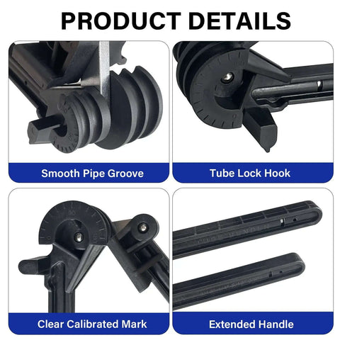Product details of 4 In 1 Tube Bender For Copper Brass Aluminum And Thin Steel Pipes showing smooth groove, lock hook, calibrated mark, and handle