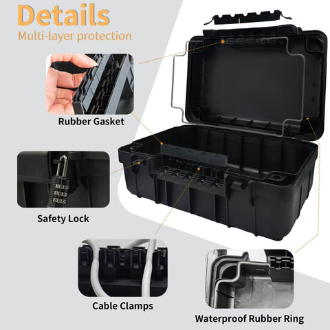 Detailed view of Heavy Duty Outdoor Electrical Box With Tough As Nails IP54 Rain Cover, showcasing rubber gasket and safety lock features.