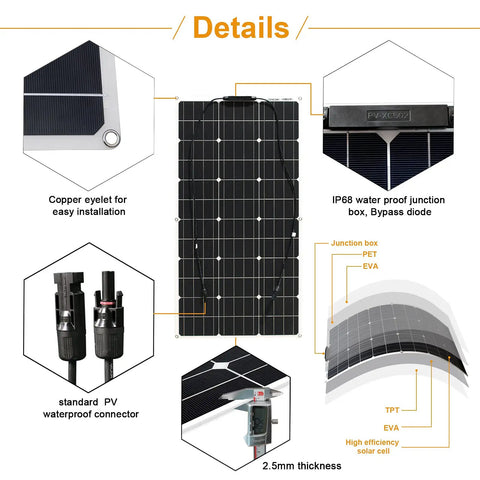 Details of 10 Pack Flexible Monocrystalline Solar Panels 100 Watts Each with junction box and waterproof connectors.