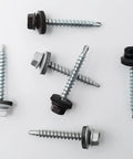 Professional Grade Size 10 X One And A Half Inch Black Hex Head Self Drilling Roofing Screws shown from various angles.