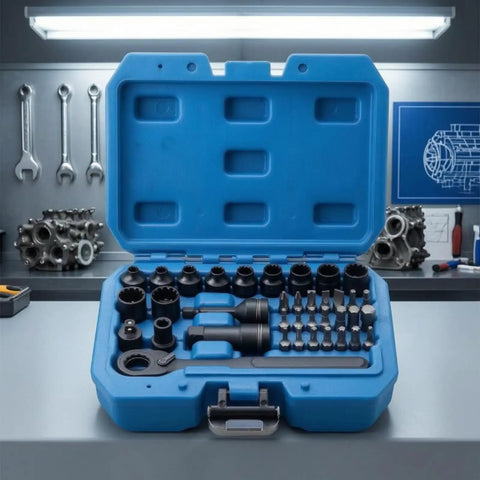 Shop Grade Metric Socket Wrench Set Featuring Smooth Bidirectional Ratchet Quick Release Mechanism And Rugged Carry Case For Auto Repair And Garage Work, opened blue case with wrenches and sockets.
