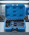 37 Piece 1/4 Inch Drive Pass Through Ratchet Socket Set With Quick Release Mechanism And Extension Bar For Grease Monkey Mechanics Shop Ready Tool Kit in a blue case with assorted metric sockets.