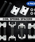 Heavy Duty 2 Way Adjustable Coil Spring Spacers 8 Piece Set Rust Proof Carbon Steel components with bolts and nuts laid out.