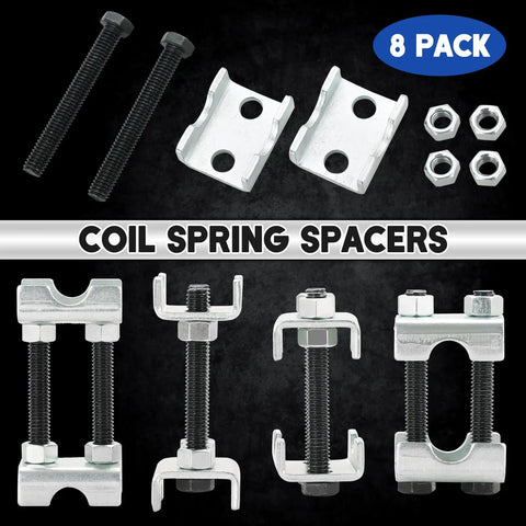 Heavy Duty 2 Way Adjustable Coil Spring Spacers 8 Piece Set Rust Proof Carbon Steel components with bolts and nuts laid out.
