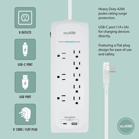 25 Foot USB C And USB A Surge Protector Power Strip With 8 Outlets 4200 Joules Heavy Duty Overload Protection Flat Plug Design