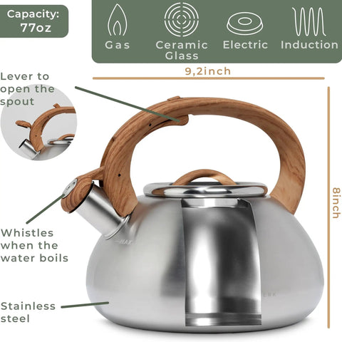 Stovetop Whistling Tea Kettle Two Point Four Quart Stainless Steel For Induction And Gas Stovetops Durable Rust Resistant