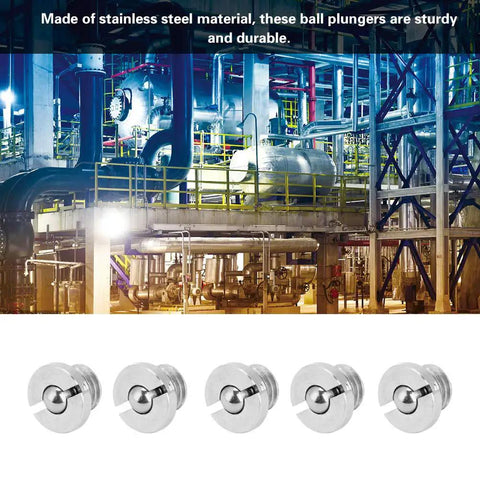 Kickass Stainless Steel Spring Loaded Ball Plungers M5X5 Threaded Set Featuring Flanged Heads in industrial setting.