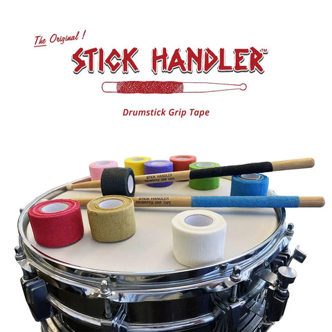 Purple High Tack Drumstick Grip Tape For Tight Control And Zero Slip Percussion Practice With Soft Cotton Gauze Wrap Bringing Killer Adhesion And Straight Fire Music Gear Solutions on snare drum with colorful grip tape rolls.