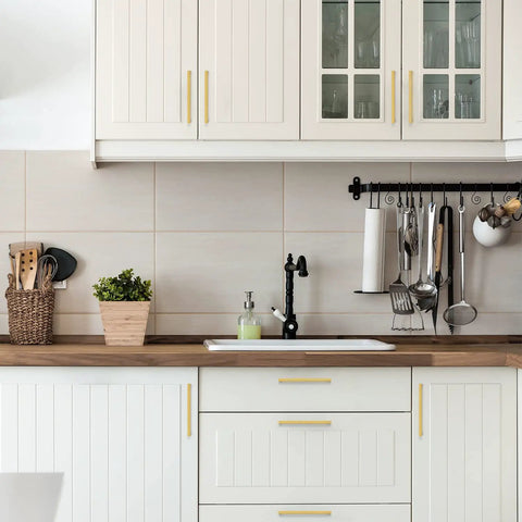 Brushed Brass Square Cabinet Handles With 6 1 4 Inch Center To Center Spacing Heavy Duty Kitchen Drawer Pulls And Vanity Hardware on white cabinets.