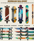 Super Slick Horizontal Skateboard Wall Mount Rack For All Board Types Features six tier deck holder showcasing various boards.