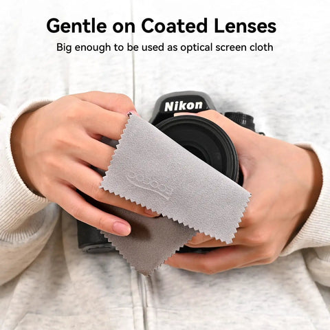 Hands holding a camera with Ultra Soft Microfiber Cleaning Cloths 3 Pack for Eyeglasses, Phones, Screens, Lenses and Delicate Electronics