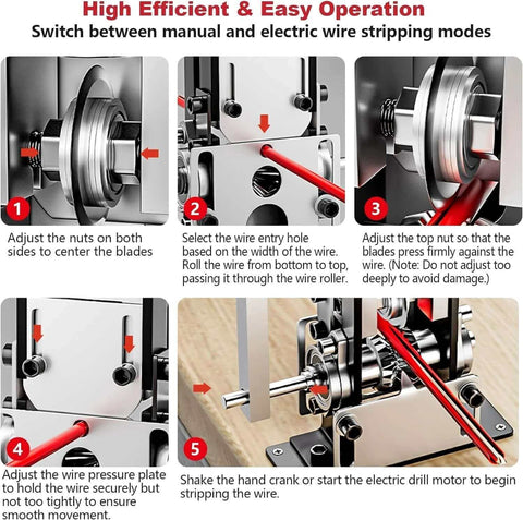 Manual Wire Stripping Machine For Copper Wire 0.06 To 1 Inch Gauge, showing instructions for setup and operation of hand crank and drill modes