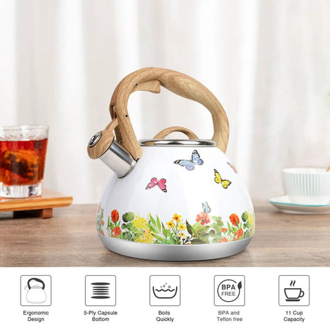 Stovetop Tea Kettle With Wood Pattern Handle, Loud Whistle, 2.7 Quart Food Grade Stainless Steel Pot For Induction And Gas Stoves, Butterfly Design, Rust Resistant, Easy Pour Tea Maker