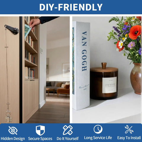 Heavy Duty Hidden Door Book Latch Featuring Slick Concealed Bookshelf Catch For Seamless Safe Room Upgrade And Smooth Operator DIY Stealth Lock Set, showcasing DIY-friendly installation with hidden design.