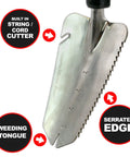 Multi Digger Dual Grip Garden Hand Trowel with serrated edge, built-in string cutter, and weeding tongue.