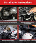 Installation instructions for Street Ready Engine Water Pump For Cadillac Chevy And Buick Rides showing pump fitting and coolant pouring.