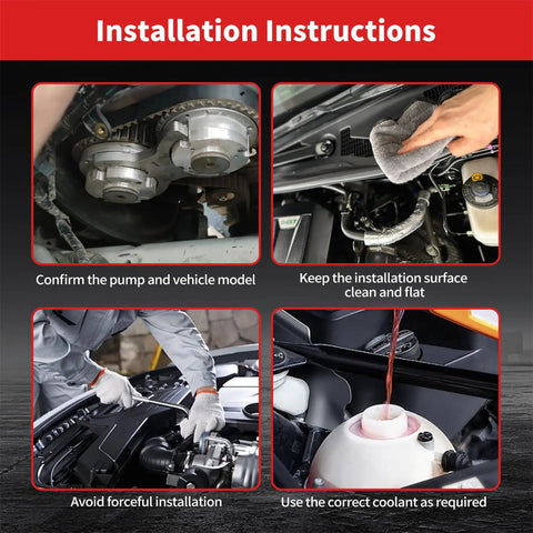 Installation instructions for Street Ready Engine Water Pump For Cadillac Chevy And Buick Rides showing pump fitting and coolant pouring.
