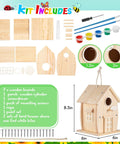 2 Pack Rustic Wood Bird House Kit With Paints And Brushes For Grownups And Kids Build It Yourself Pine Weatherproof Outdoor Craft Rural Style Pre Drilled, showing kit components and assembled pine bird house