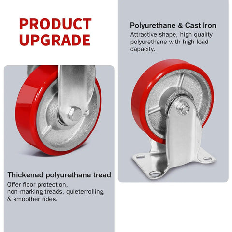 4 Inch Heavy Duty Caster Wheels With Slick Polyurethane On Steel Set Of Four showcasing thickened red polyurethane tread.