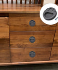 2 Pack Zinc Alloy Flush Ring Pull Handles 43.5mm OD x 7mm Deep with Screws Black Slam Latch installed on wooden drawer cabinet