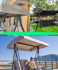 Various views of Beige Swing Canopy Replacement Top Cover For 2 To 3 Seater Porch Swing 84x48 Inches Waterproof Sun Shade Awning.