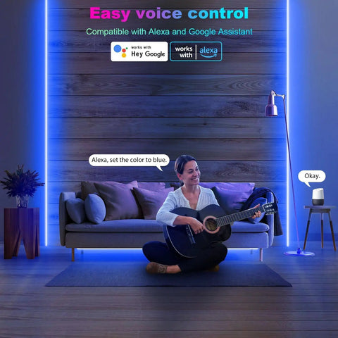 Woman playing guitar with 100ft IP65 Waterproof LED Strip Lights for outdoor and indoor use, WiFi smart RGB color changing, Alexa controlled