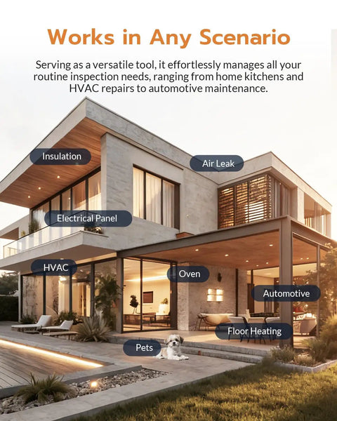 Modern house exterior showcasing potential areas for Ultra Light Thermal Imaging Camera With Thermometer Mode For HVAC And Electrical Inspections Real Time Live Tracking Edge Enhanced Display Temperature Range Minus 4 Degrees Fahrenheit To 1022 Degrees Fahrenheit Fourteen Hour Runtime applications.