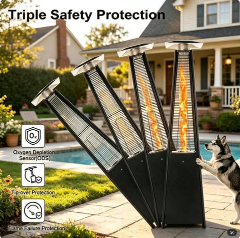 Propane Patio Heater With Reflector Shield And Wheels 40000 BTU Quartz Glass Tube Outdoor Heater Delivers Powerful Radiant Heat For Backyards Patios Decks Porches And Small Commercial Outdoor Spaces Black with safety features displayed in garden