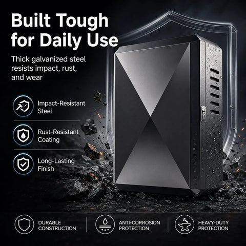 Heavy Duty Steel EV Charger Enclosure With Lockable Faceted Door Weather Resistant Outdoor Charging Station Cover close-up view.