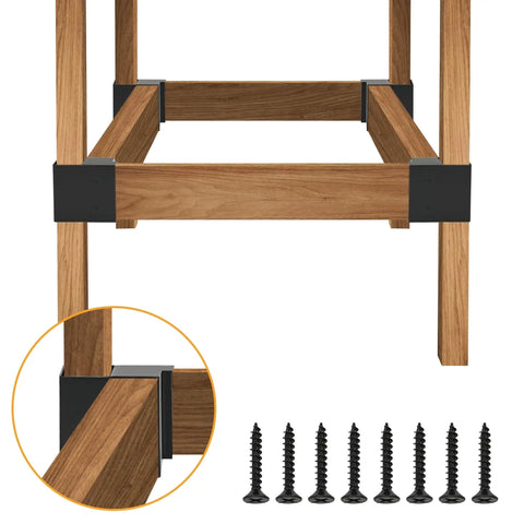 3 Way Corner Bracket Kit for Workbenches, Heavy Duty Steel Right Angle Brackets for 2x4 Wood, 8 Piece Set with Pre Drilled Holes and 64 Screws, Great for Shelving and Work Tables, Black, shown installed on wooden frame