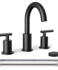 Matte Black 8 Inch Widespread Bathroom Faucet With 3 Holes 2 Handles, 360 Degree Rotating Spout, Drip Free Copper Ceramic Cartridge