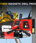 Rock Solid Portable Mag Drill Press Featuring A Powerful 1300W Copper Motor For Effortless Metal Surface Drilling Ideal For Heavy Duty Industrial Applications And Cool Home Improvement Projects With Safety Overload Protection Features Built In, showcasing 1100W drill with red casing and controls.
