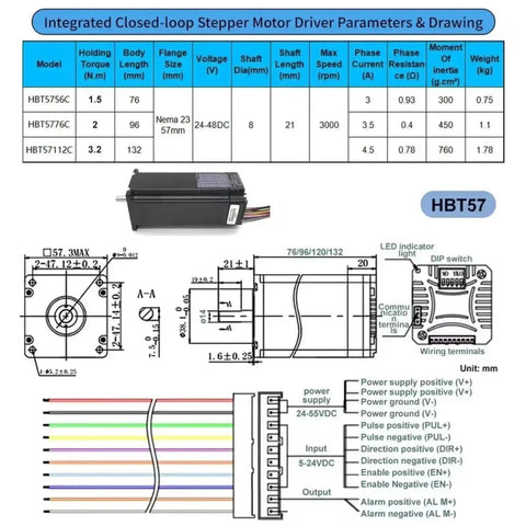 HBT57 integrated closed-loop stepper motor driver, 57mm NEMA 23, with technical parameters and wiring details.
