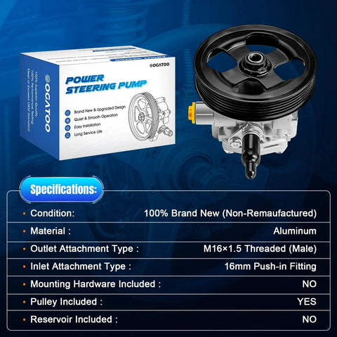 Dodge Caliber Power Steering Pump With Pulley Fits 2007 2012 Jeep Compass Patriot 2007 2017 2.0L 2.4L Replaces 5105048AA AB AC Direct Replacement Power Assist Pump with specifications and packaging in background