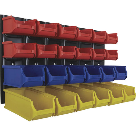 Rock Solid Metal Louvered Wall Panel Storage Rack With 24 Heavy Duty Sorting Bins And An Eighty Pound Weight Rating Crafted To Keep Your Garage Tool Setup Smooth And Hassle Free, featuring red, blue, and yellow bins.