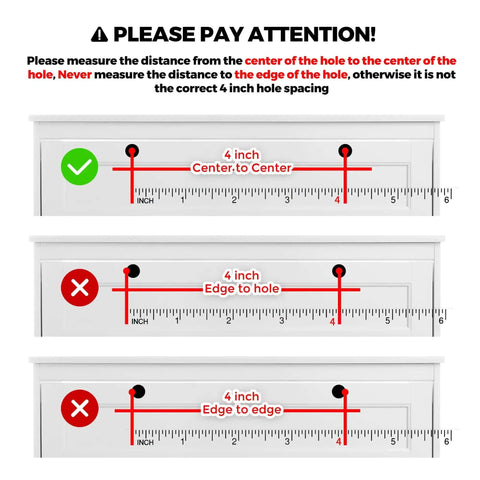 Instructional image showing proper 4 inch center spacing measurements for Slick Matte Black Cabinet Pulls And Handles 30 Pack For Kitchen Drawers And Cupboards.