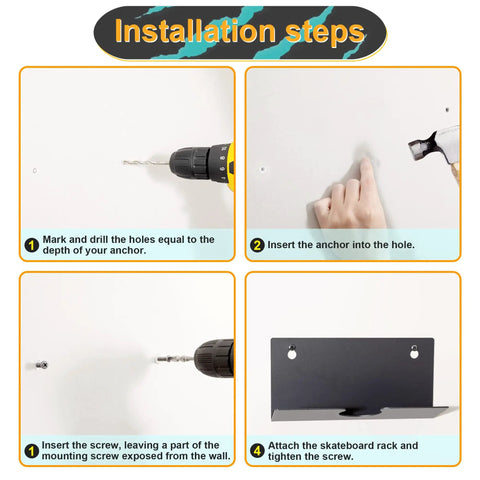 Installation steps for Heavy Duty Steel Skateboard Wall Mount Rack Secures Decks For Garage Storage, showing drilling and anchoring process.