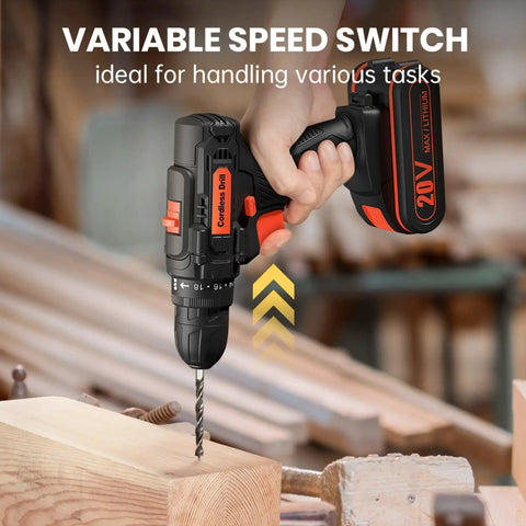 High Performance 20V Cordless Drill and Screwdriving Set with 2 Amp Hour Battery 42 Piece Kit Includes Extension Rod and Flexible Shaft Keyless Chuck Made Easy for Weekend Warriors, showing variable speed switch.